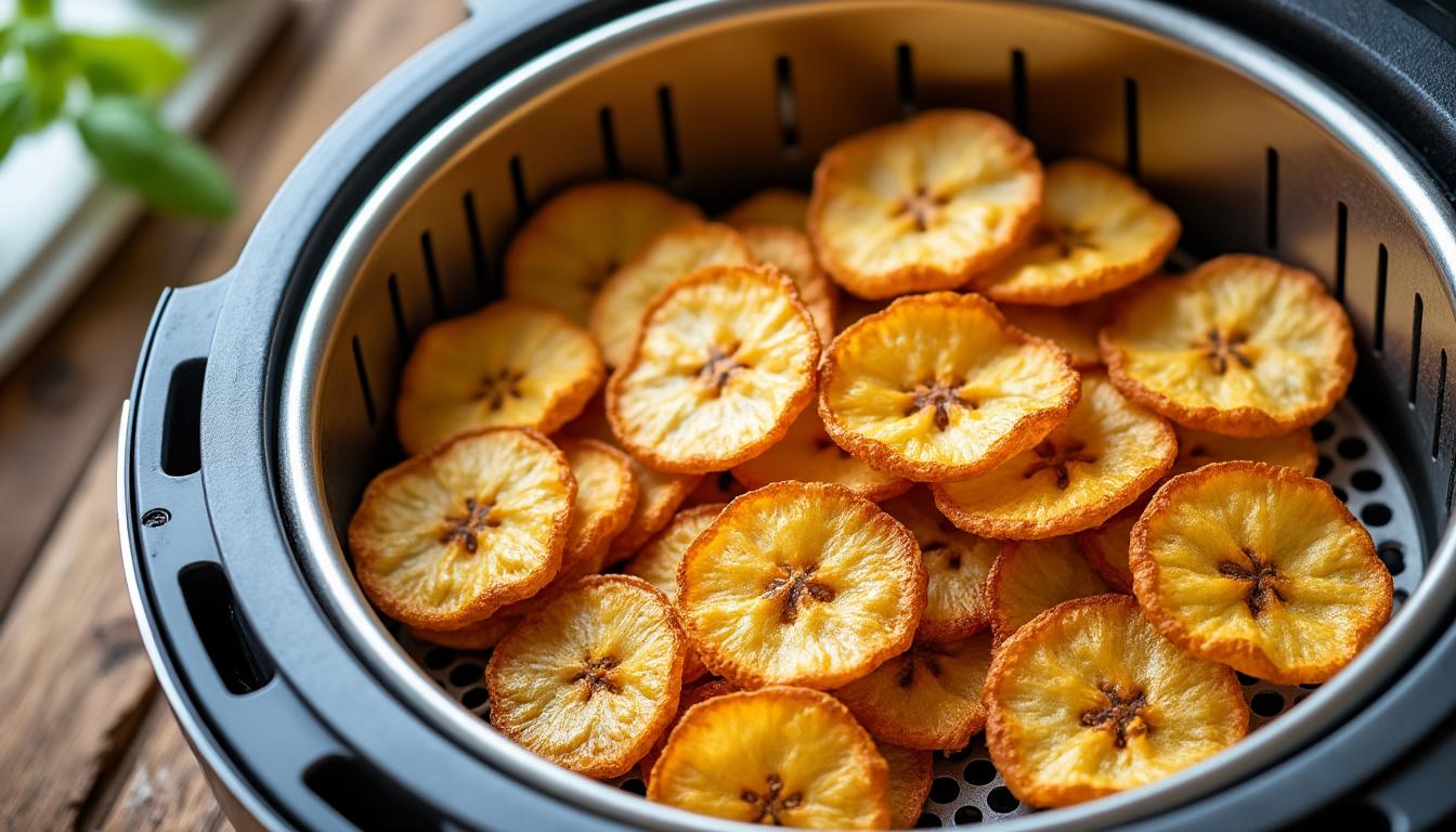 learn how to make crispy air fryer banana chips at home with this easy and healthy recipe. perfect for a delicious snack anytime!